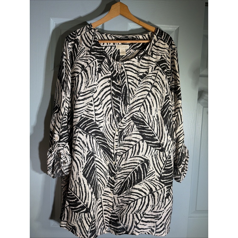Cynthia Rowley 100% Linen Black & White Leaf-Print Button Down Top 3X